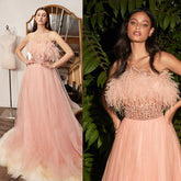 Robe de mariée en ligne à paillettes et col en fourrure, épaules dénudées